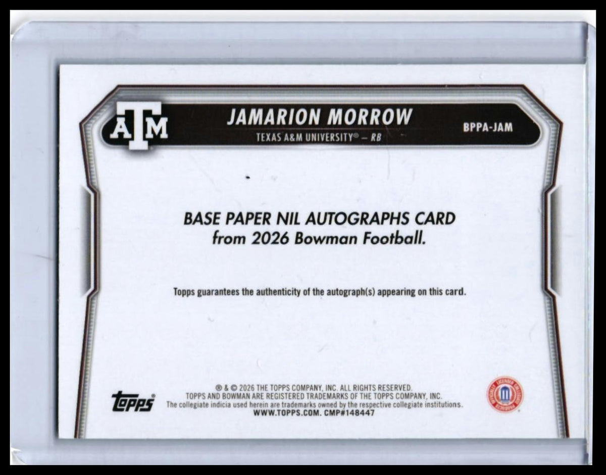 2026 Bowman University Jamarion Morrow RC Auto Green /99 #BPPA-JAM Texas A&M — back
