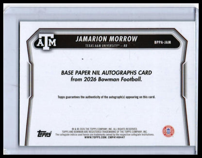 2026 Bowman University Jamarion Morrow RC Auto Green /99 #BPPA-JAM Texas A&M — back