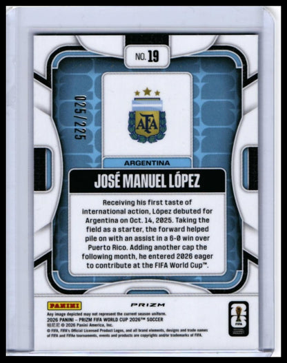 2026 Panini Prizm World Cup José Manuel López #19 Blue Prizm /225 Argentina — back