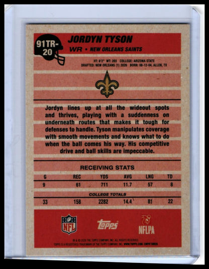 2026 Topps 1991 Design 35th Anniversary Jordyn Tyson RC #91TR-20 Saints — back