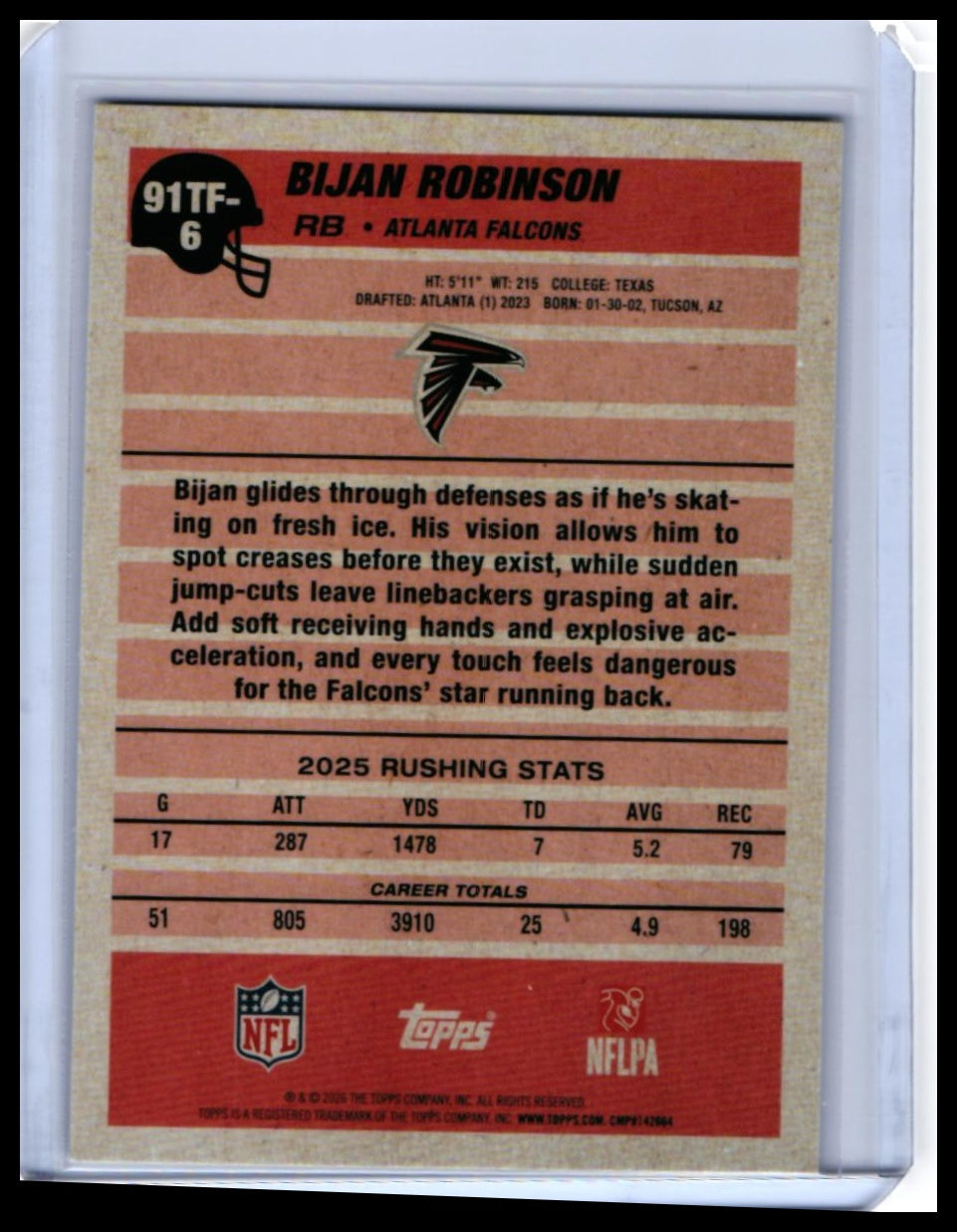 2026 Topps 1991 Football 35th Anniversary Bijan Robinson #91TF-6 Falcons RB — back