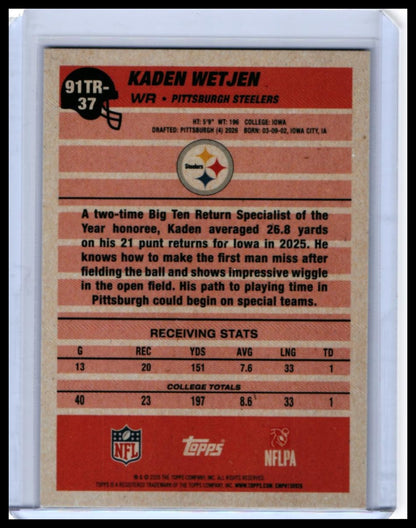 2026 Topps 1991 Retro Kaden Wetjen RC #91TR-37 Cracked Ice Steelers WR — back