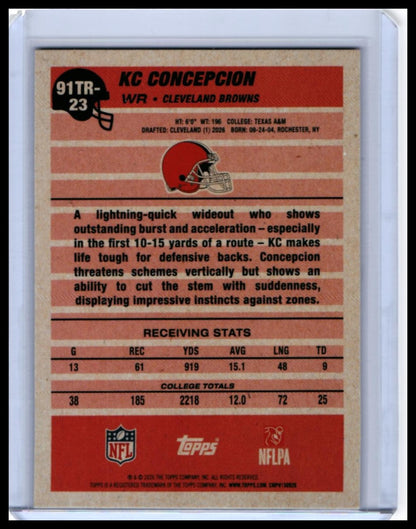 2026 Topps 91 Turkey Red KC Concepcion RC #91TR-23 Cracked Ice Cleveland Browns — back