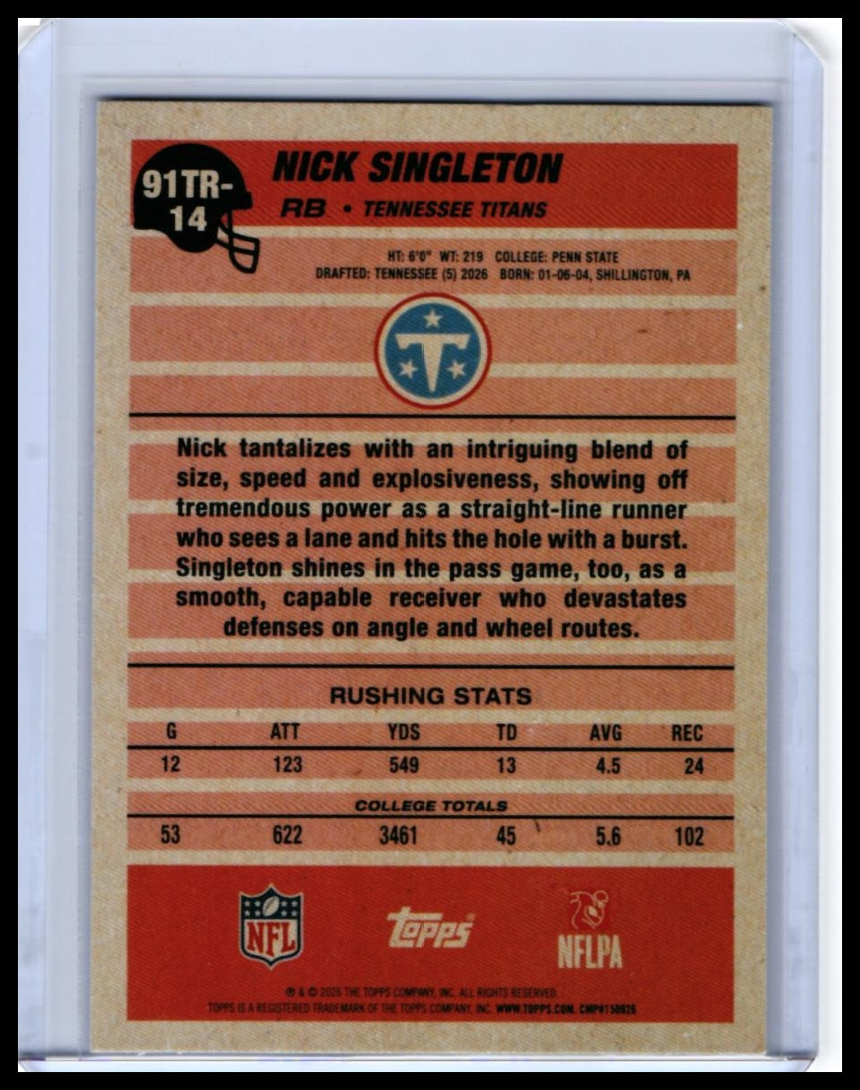 2026 Topps 91TR 35th Anniversary Nick Singleton RC #91TR-14 Titans Rookie — back