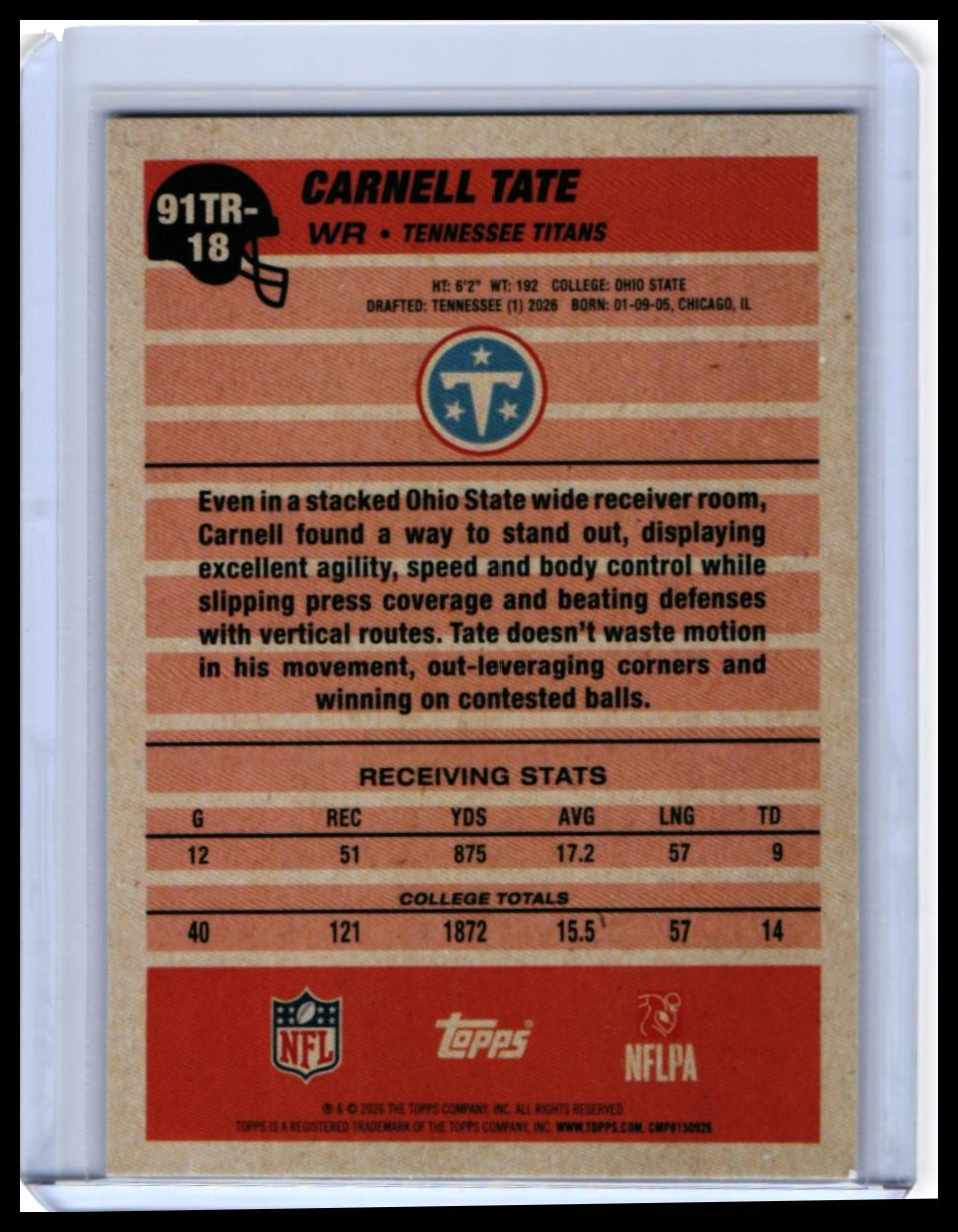 2026 Topps 91TR Carnell Tate RC #91TR-18 Tennessee Titans Rookie 1991 Design — back