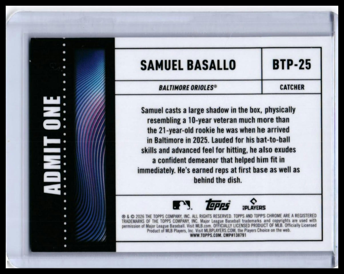 2026 Topps Chrome Big Ticket Player Samuel Basallo RC #BTP-25 Refractor Orioles — back