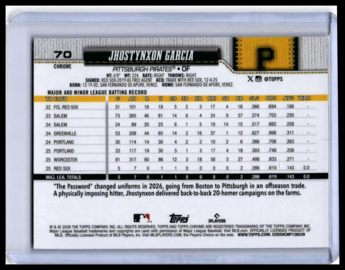 2026 Topps Chrome Jhostynxon Garcia RC #70 X-Fractor Pittsburgh Pirates — back