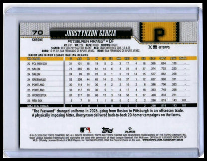2026 Topps Chrome Jhostynxon Garcia RC #70 X-Fractor Pittsburgh Pirates — back