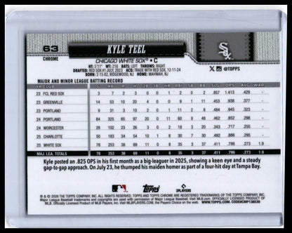 2026 Topps Chrome Kyle Teel RC #63 Black and White Parallel Chicago White Sox — back