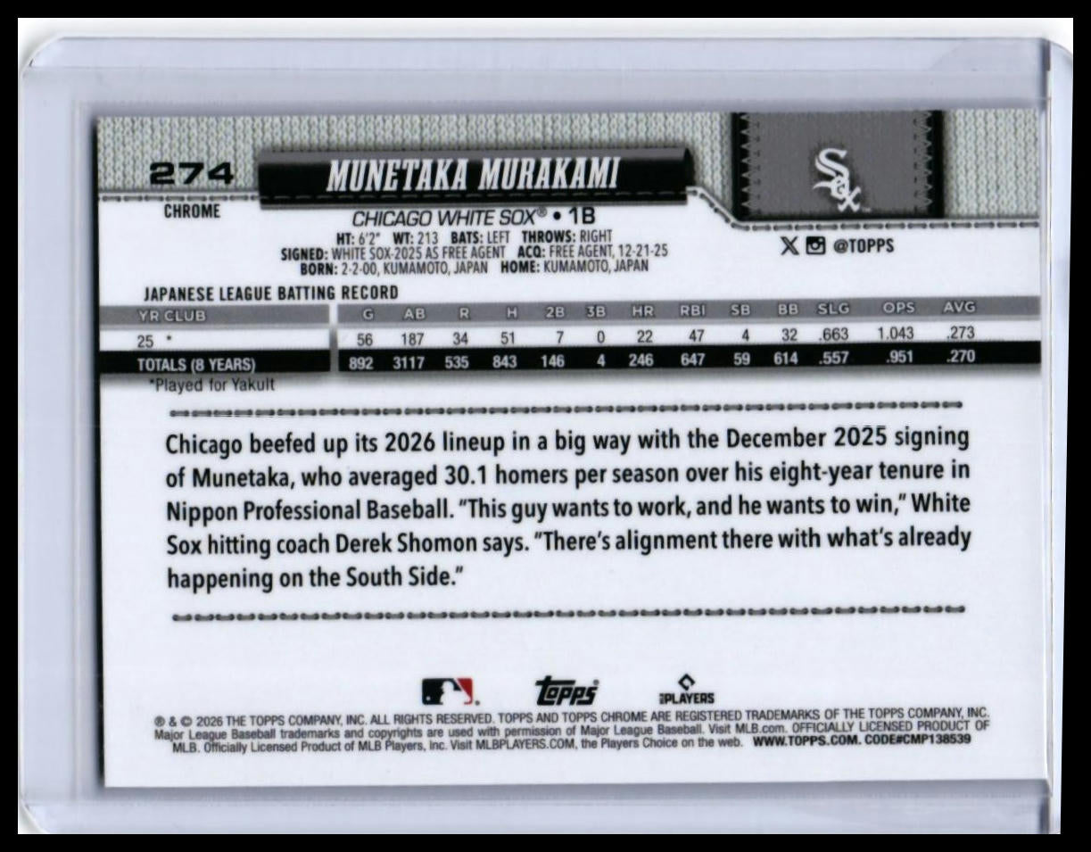 2026 Topps Chrome Munetaka Murakami RC #274 Chicago White Sox Rookie — back