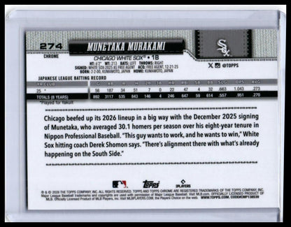 2026 Topps Chrome Munetaka Murakami RC #274 Chicago White Sox Rookie — back