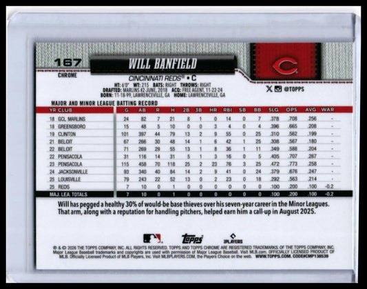 2026 Topps Chrome Will Banfield RC #167 Cincinnati Reds Rookie Catcher — back