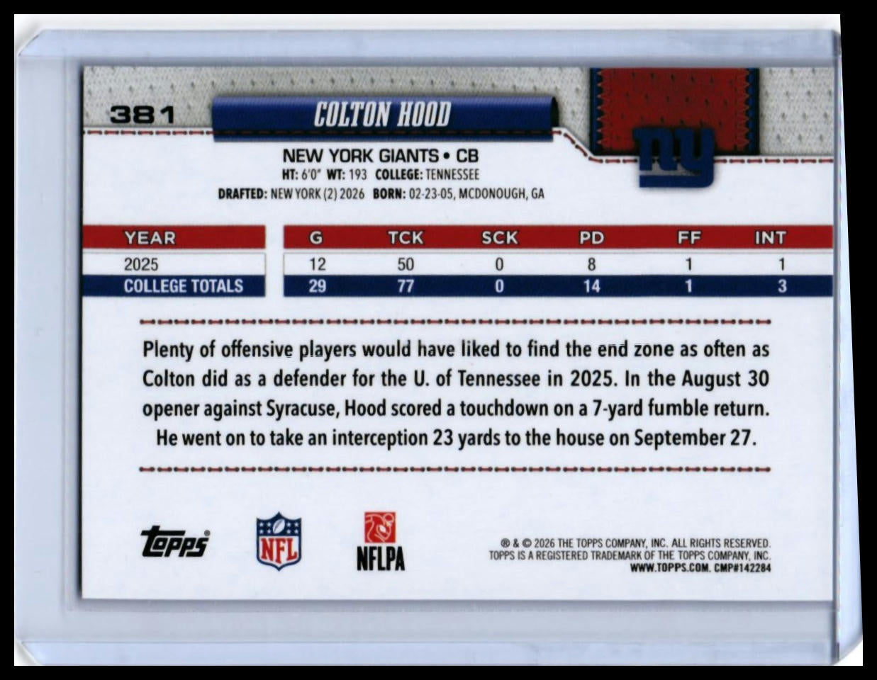 2026 Topps Colton Hood RC #381 New York Giants Rookie Cornerback — back