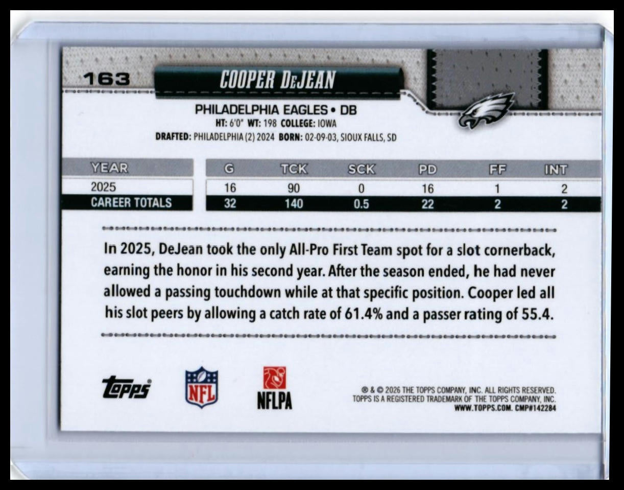 2026 Topps Cooper DeJean #163 Philadelphia Eagles Foil Parallel — back