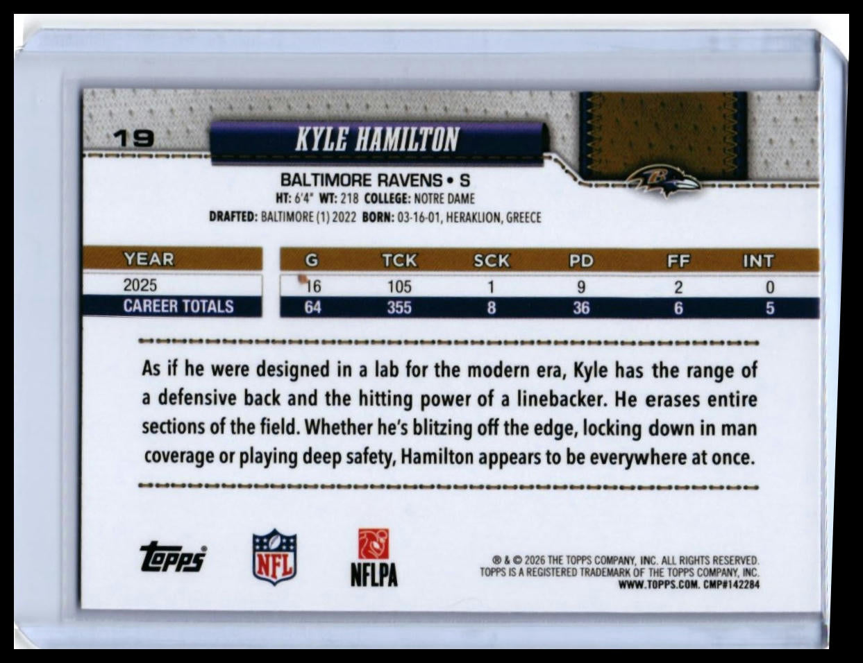 2026 Topps Kyle Hamilton #19 Purple/Pink Shimmer Parallel Baltimore Ravens — back
