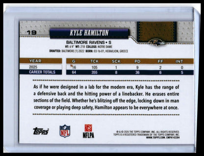 2026 Topps Kyle Hamilton #19 Purple/Pink Shimmer Parallel Baltimore Ravens — back