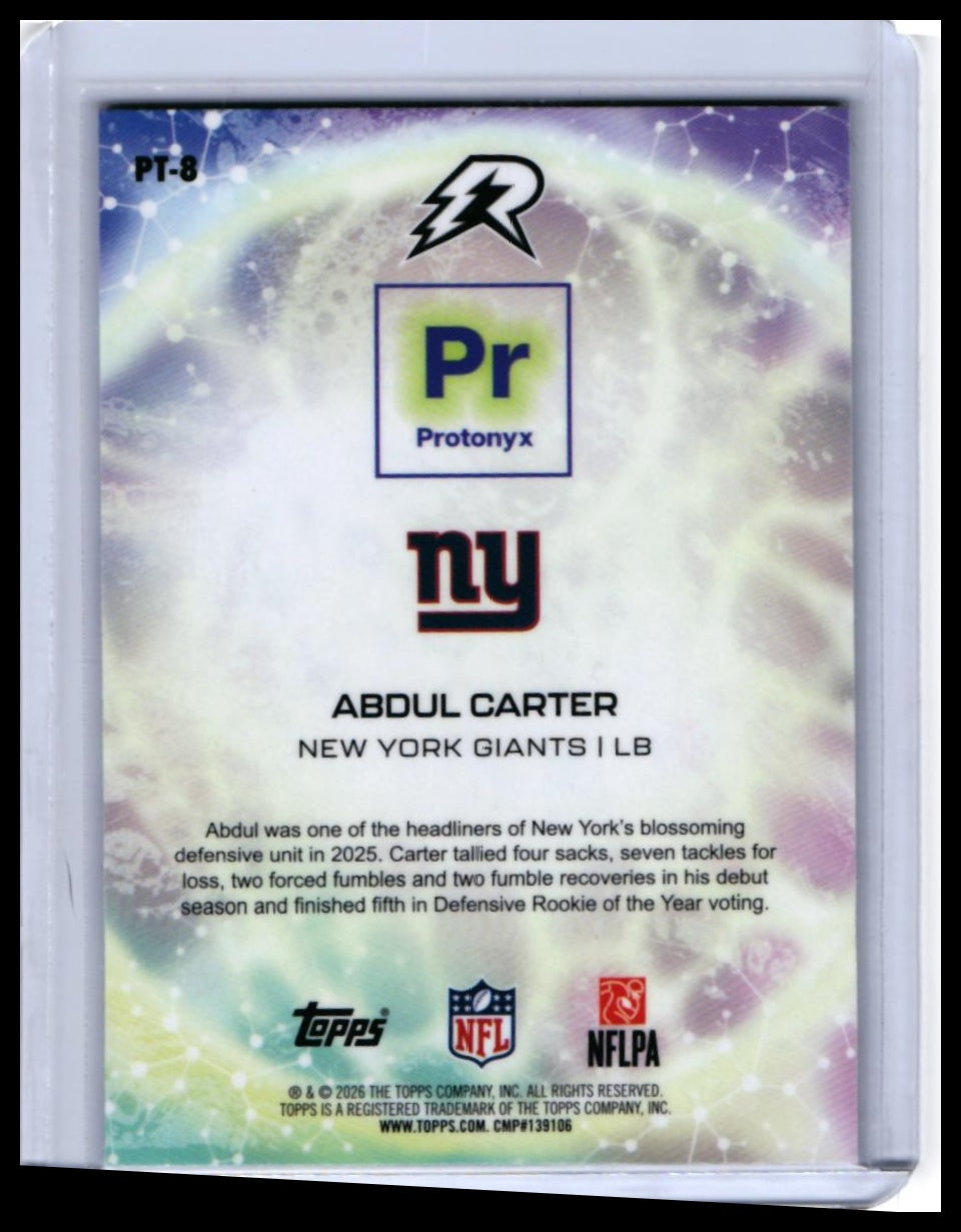 2026 Topps Protonyx Abdul Carter RC #PT-8 New York Giants LB — back