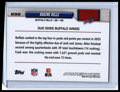 2026 Topps Raging Bills Josh Allen & James Cook #292 Buffalo Bills Duo — back
