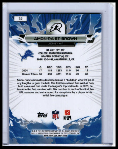 2026 Topps Reign Amon-Ra St. Brown #32 Detroit Lions — back
