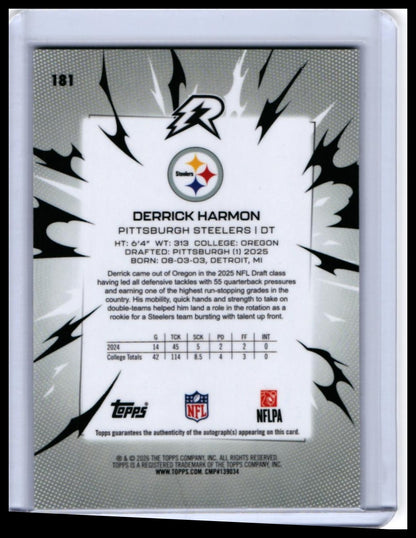 2026 Topps Reign Derrick Harmon RC Auto #181 Pittsburgh Steelers Rookie — back