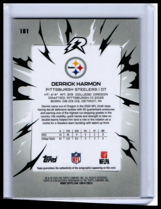 2026 Topps Reign Derrick Harmon RC Auto #181 Pittsburgh Steelers Rookie — back