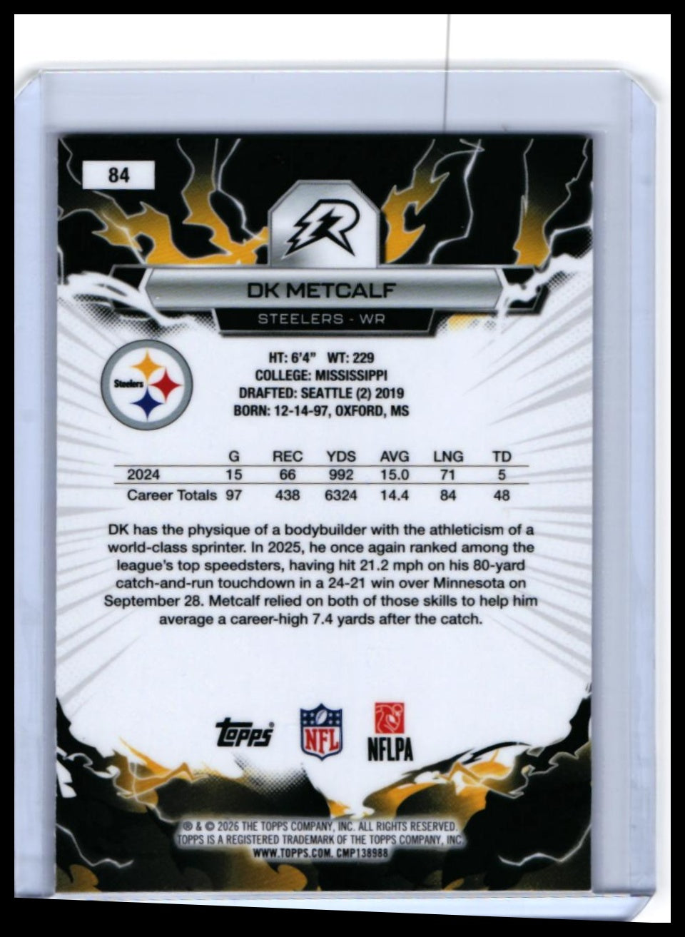 2026 Topps Reign DK Metcalf #84 Pittsburgh Steelers — back