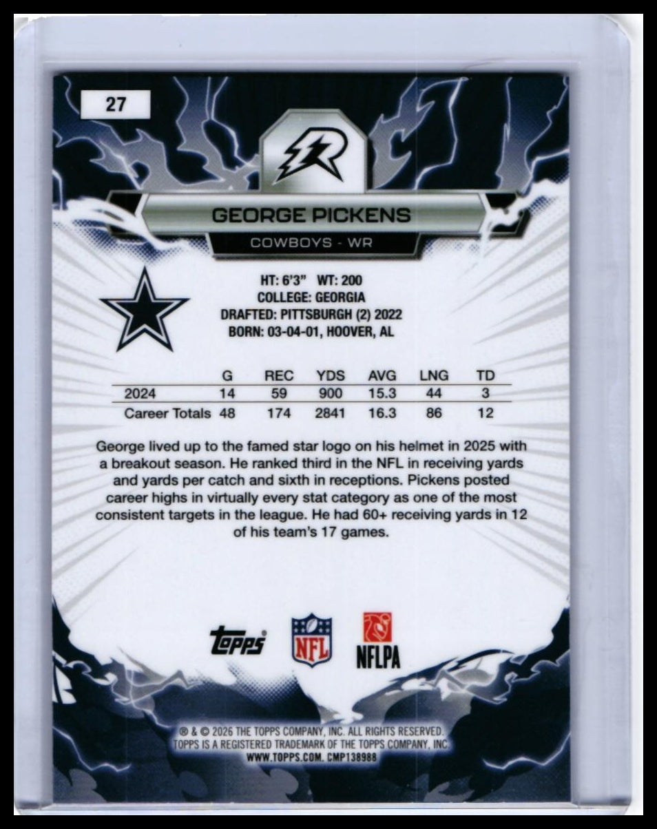 2026 Topps Reign George Pickens #27 Dallas Cowboys Blue/Red Parallel — back