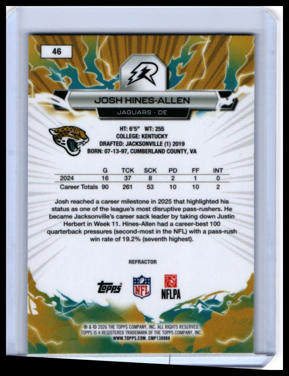 2026 Topps Reign Josh Hines-Allen #46 Refractor Jacksonville Jaguars — back