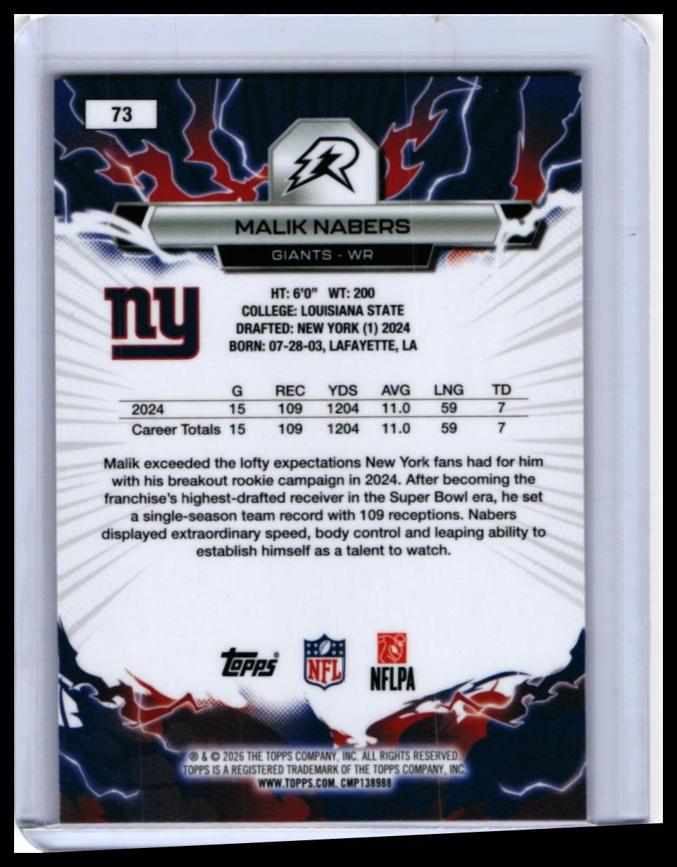 2026 Topps Reign Malik Nabers #73 New York Giants RC — back