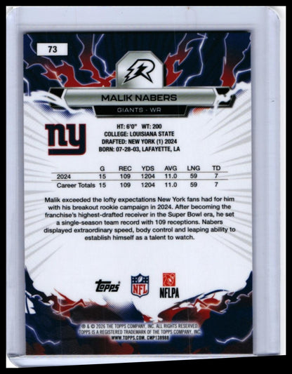 2026 Topps Reign Malik Nabers #73 New York Giants RC — back