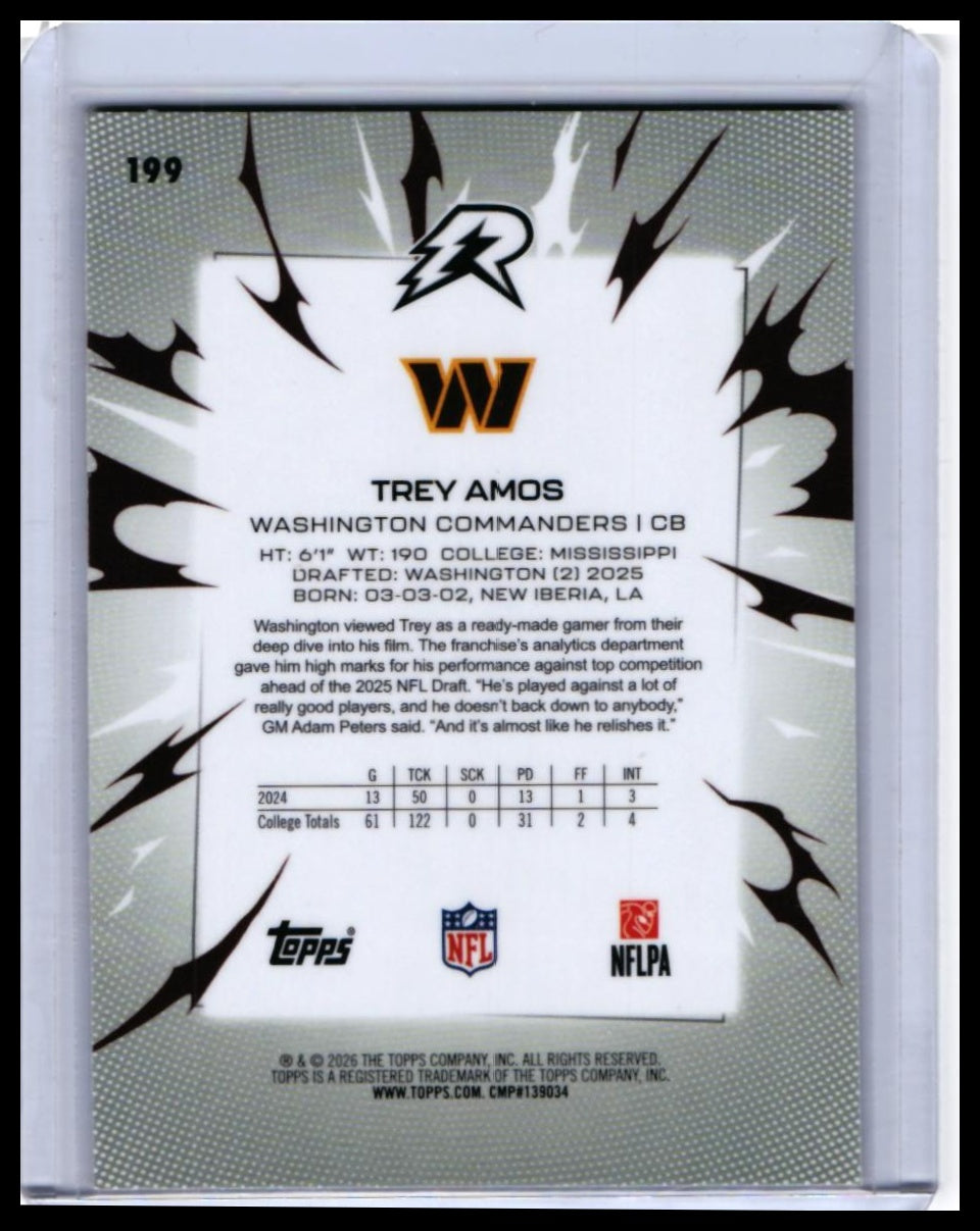 2026 Topps Reign Trey Amos RC #199 Washington Commanders Rookie Card — back