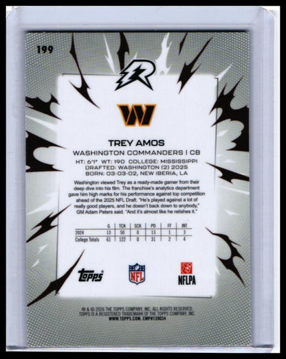 2026 Topps Reign Trey Amos RC #199 Washington Commanders Rookie Card — back