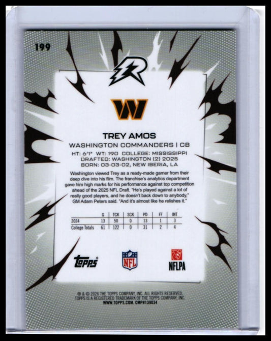 2026 Topps Reign Trey Amos RC #199 Washington Commanders Rookie Card — back