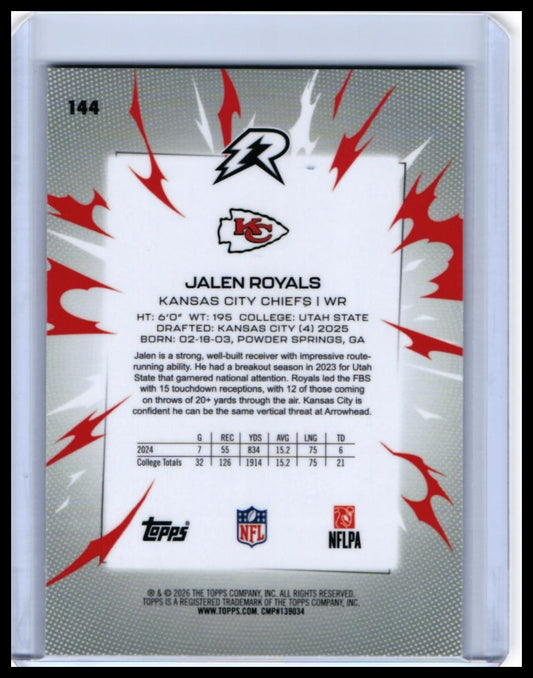 2026 Topps Reptor Jalen Royals RC #144 Kansas City Chiefs Rookie — back