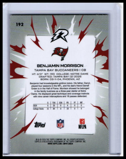 2026 Topps Riot Benjamin Morrison RC #192 Tampa Bay Buccaneers Rookie — back