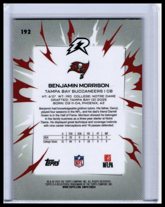 2026 Topps Riot Benjamin Morrison RC #192 Tampa Bay Buccaneers Rookie — back