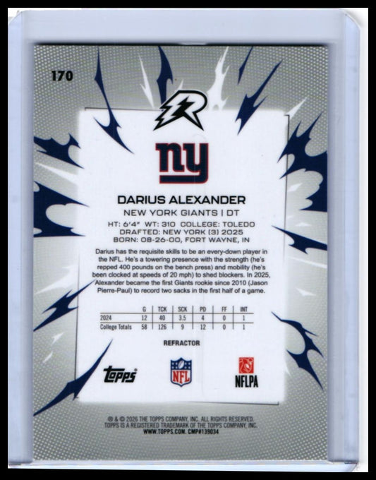 2026 Topps Riot Darius Alexander RC #170 Refractor - New York Giants Rookie DT — back