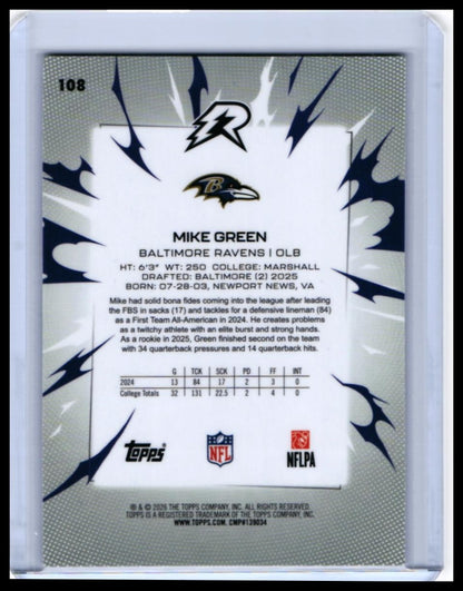 2026 Topps Riot Mike Green RC #108 Baltimore Ravens Rookie OLB — back