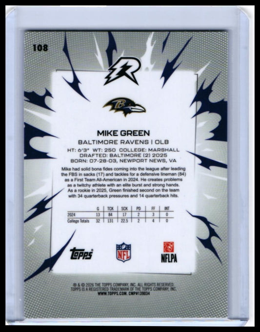 2026 Topps Riot Mike Green RC #108 Baltimore Ravens Rookie OLB — back