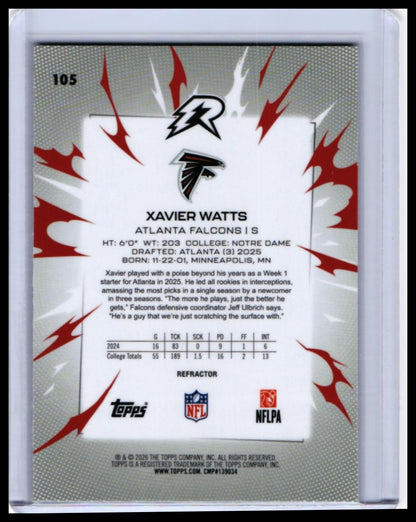 2026 Topps Riot Xavier Watts RC #105 Refractor Rookie Atlanta Falcons — back