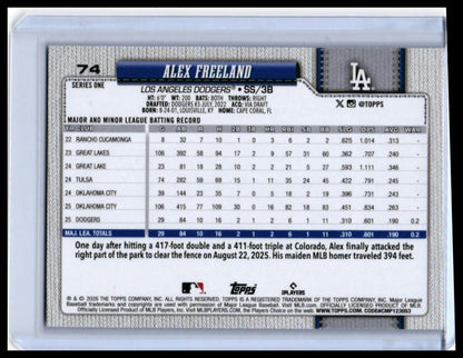 2026 Topps Series One Alex Freeland RC #74 Rainbow Foil Dodgers Rookie — back