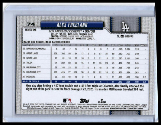 2026 Topps Series One Alex Freeland RC #74 Rainbow Foil Dodgers Rookie — back