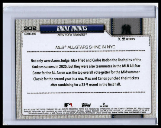 2026 Topps Series One Bronx Buddies #302 Judge/Fried/Rodón Cracked Ice Yankees — back