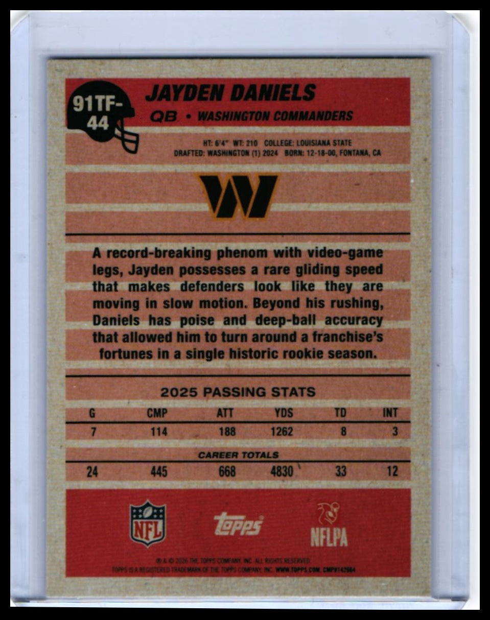 2026 Topps Turkey Red Jayden Daniels #91TF-44 Cracked Ice Parallel Commanders QB — back