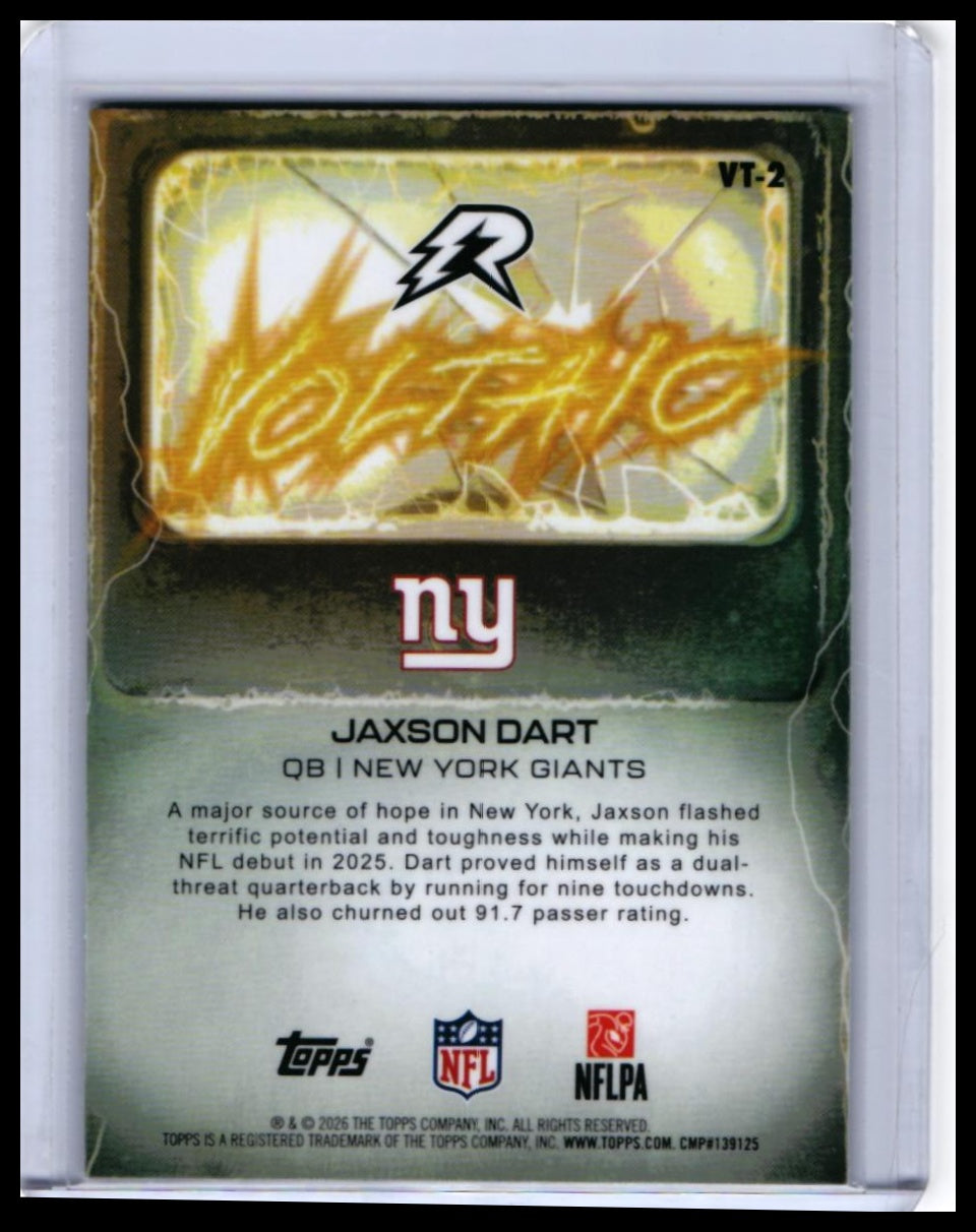 2026 Topps Voltage Voltaic Jaxson Dart RC #VT-2 New York Giants Rookie — back