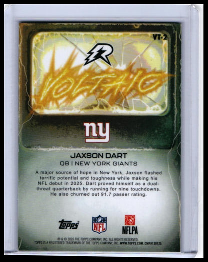 2026 Topps Voltage Voltaic Jaxson Dart RC #VT-2 New York Giants Rookie — back