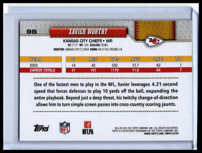 2026 Topps Xavier Worthy #96 Kansas City Chiefs Wide Receiver — back
