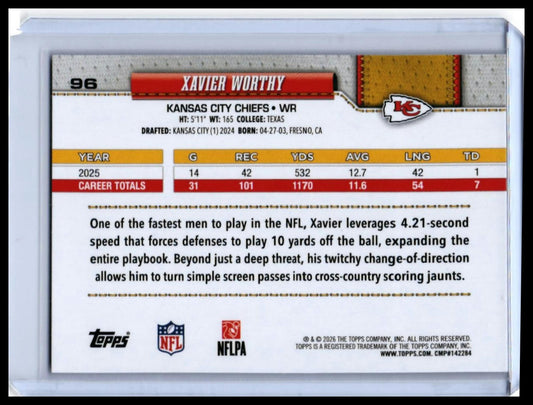 2026 Topps Xavier Worthy #96 Kansas City Chiefs Wide Receiver — back