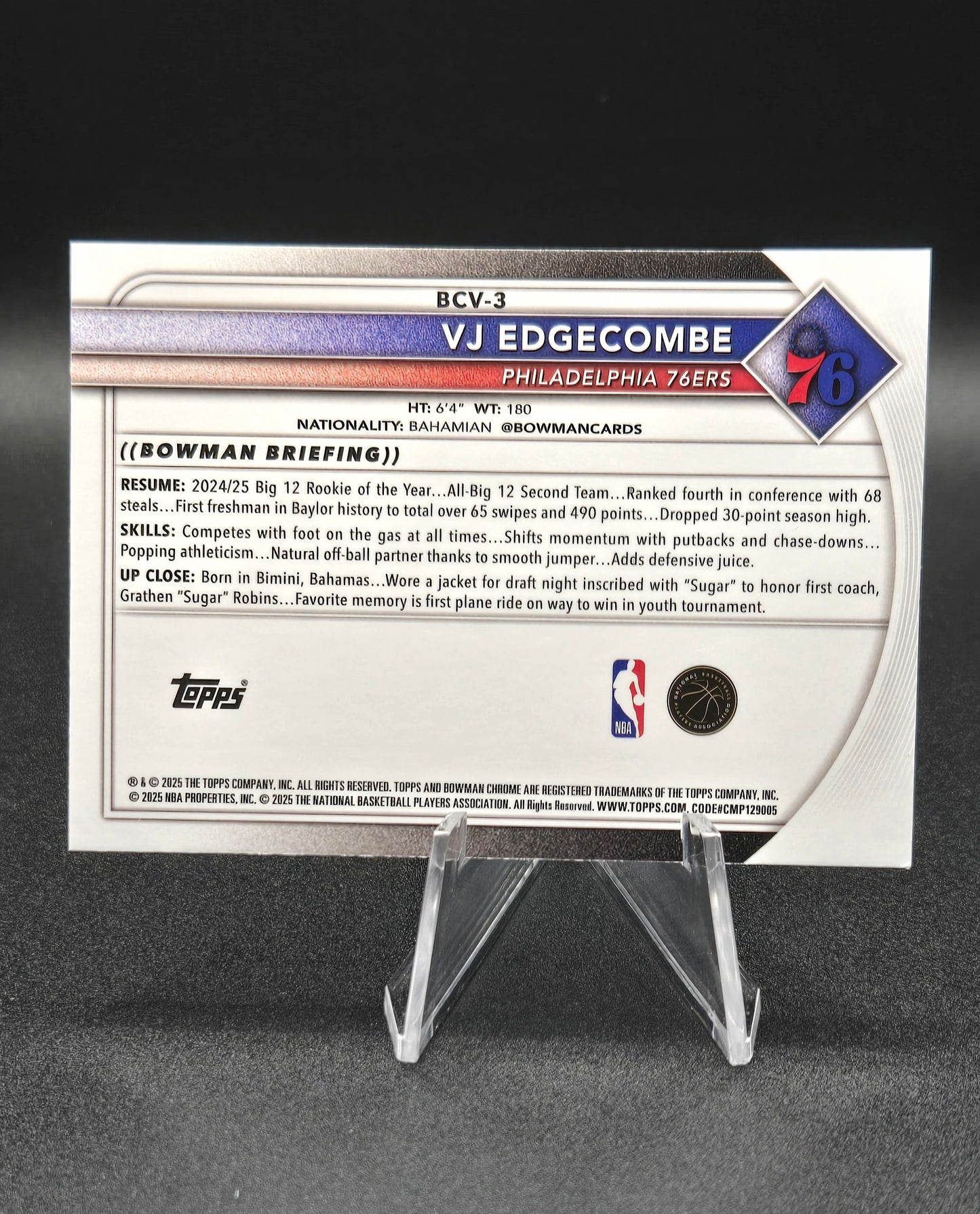 VJ Edgecombe 2025-26 Bowman Chrome Mojo Refractor RC #BCV-3 Philadelphia 76ers NM+