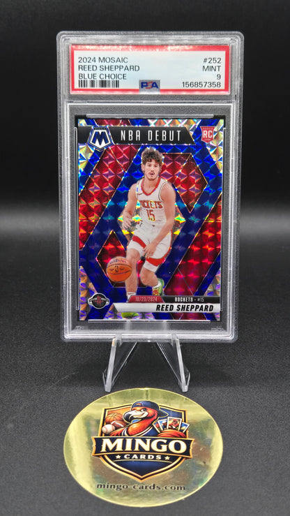 2024-25 Panini Mosaic Reed Sheppard #252 NBA Debut Choice Blue /45 RC PSA 9